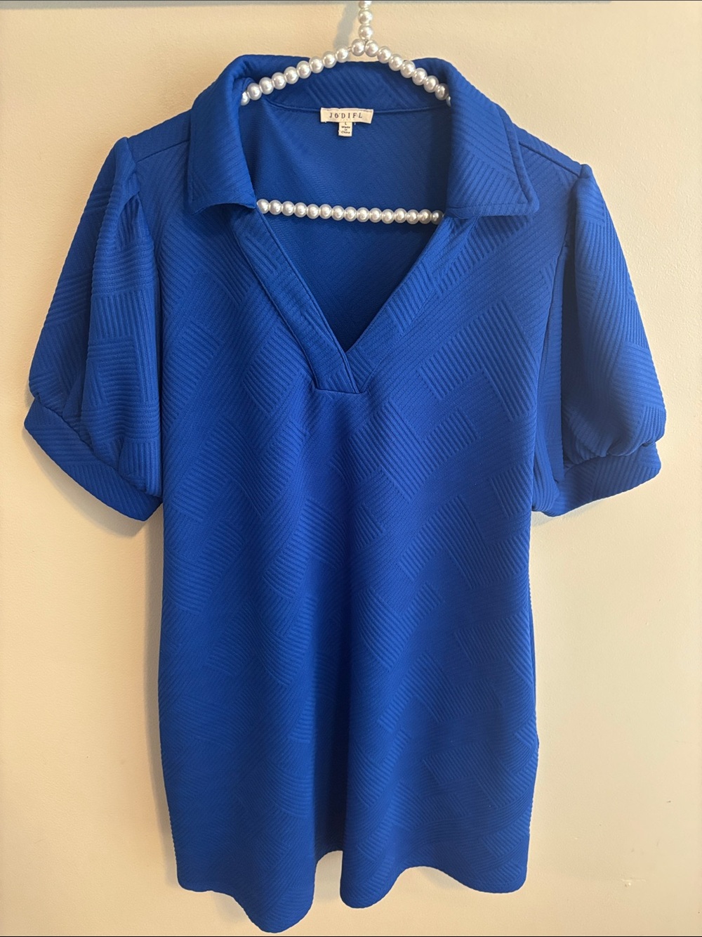 Jodifl Royal Blue Puff Sleeve Dress Large Textured Waffle Shift Polo V Neck Knit